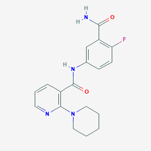 molecular formula C18H19FN4O2 B7320218 N-(3-carbamoyl-4-fluorophenyl)-2-piperidin-1-ylpyridine-3-carboxamide 