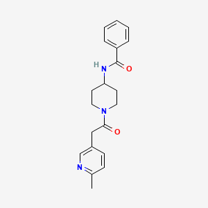 molecular formula C20H23N3O2 B7321152 N-[1-[2-(6-methylpyridin-3-yl)acetyl]piperidin-4-yl]benzamide 