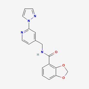 molecular formula C17H14N4O3 B7322040 N-[(2-pyrazol-1-ylpyridin-4-yl)methyl]-1,3-benzodioxole-4-carboxamide 