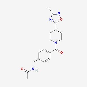 molecular formula C18H22N4O3 B7322303 N-[[4-[4-(3-methyl-1,2,4-oxadiazol-5-yl)piperidine-1-carbonyl]phenyl]methyl]acetamide 