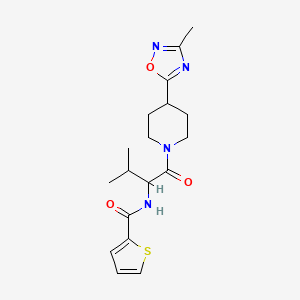 molecular formula C18H24N4O3S B7322311 N-[3-methyl-1-[4-(3-methyl-1,2,4-oxadiazol-5-yl)piperidin-1-yl]-1-oxobutan-2-yl]thiophene-2-carboxamide 
