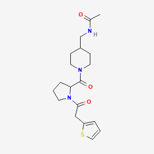 molecular formula C19H27N3O3S B7325677 N-[[1-[1-(2-thiophen-2-ylacetyl)pyrrolidine-2-carbonyl]piperidin-4-yl]methyl]acetamide 