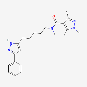 molecular formula C22H29N5O B7325907 N,1,3,5-tetramethyl-N-[5-(3-phenyl-1H-pyrazol-5-yl)pentyl]pyrazole-4-carboxamide 