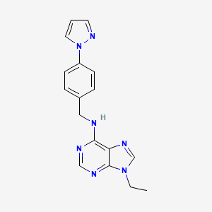 molecular formula C17H17N7 B7330240 9-ethyl-N-[(4-pyrazol-1-ylphenyl)methyl]purin-6-amine 