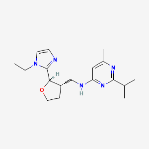 molecular formula C18H27N5O B7340758 N-[[(2R,3S)-2-(1-ethylimidazol-2-yl)oxolan-3-yl]methyl]-6-methyl-2-propan-2-ylpyrimidin-4-amine 