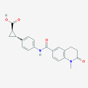 molecular formula C21H20N2O4 B7343556 (1R,2R)-2-[4-[(1-methyl-2-oxo-3,4-dihydroquinoline-6-carbonyl)amino]phenyl]cyclopropane-1-carboxylic acid 
