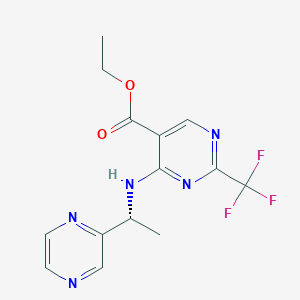 molecular formula C14H14F3N5O2 B7344064 ethyl 4-[[(1R)-1-pyrazin-2-ylethyl]amino]-2-(trifluoromethyl)pyrimidine-5-carboxylate 