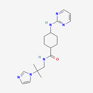 molecular formula C18H26N6O B7348332 N-(2-imidazol-1-yl-2-methylpropyl)-4-(pyrimidin-2-ylamino)cyclohexane-1-carboxamide 