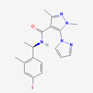 molecular formula C18H20FN5O B7348683 N-[(1R)-1-(4-fluoro-2-methylphenyl)ethyl]-1,3-dimethyl-5-pyrazol-1-ylpyrazole-4-carboxamide 