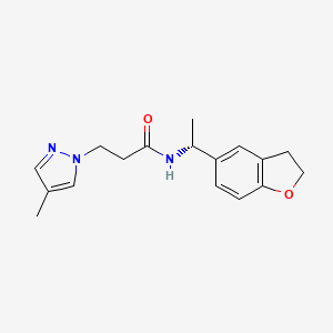 molecular formula C17H21N3O2 B7349814 N-[(1R)-1-(2,3-dihydro-1-benzofuran-5-yl)ethyl]-3-(4-methylpyrazol-1-yl)propanamide 
