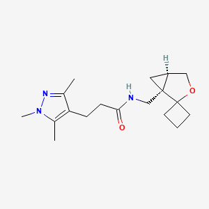 molecular formula C18H27N3O2 B7351503 N-[[(1S,5R)-spiro[3-oxabicyclo[3.1.0]hexane-2,1'-cyclobutane]-1-yl]methyl]-3-(1,3,5-trimethylpyrazol-4-yl)propanamide 