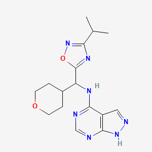 molecular formula C16H21N7O2 B7365437 N-[oxan-4-yl-(3-propan-2-yl-1,2,4-oxadiazol-5-yl)methyl]-1H-pyrazolo[3,4-d]pyrimidin-4-amine 