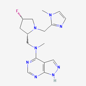 molecular formula C16H21FN8 B7365439 N-[[(2S,4S)-4-fluoro-1-[(1-methylimidazol-2-yl)methyl]pyrrolidin-2-yl]methyl]-N-methyl-1H-pyrazolo[3,4-d]pyrimidin-4-amine 