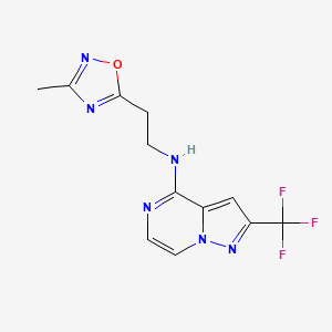 molecular formula C12H11F3N6O B7365788 N-[2-(3-methyl-1,2,4-oxadiazol-5-yl)ethyl]-2-(trifluoromethyl)pyrazolo[1,5-a]pyrazin-4-amine 