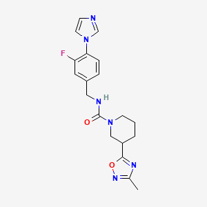 molecular formula C19H21FN6O2 B7366593 N-[(3-fluoro-4-imidazol-1-ylphenyl)methyl]-3-(3-methyl-1,2,4-oxadiazol-5-yl)piperidine-1-carboxamide 