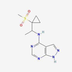 molecular formula C11H15N5O2S B7368256 N-[1-(1-methylsulfonylcyclopropyl)ethyl]-1H-pyrazolo[3,4-d]pyrimidin-4-amine 