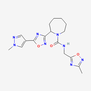 molecular formula C17H22N8O3 B7371081 N-[(3-methyl-1,2,4-oxadiazol-5-yl)methyl]-2-[5-(1-methylpyrazol-4-yl)-1,2,4-oxadiazol-3-yl]azepane-1-carboxamide 