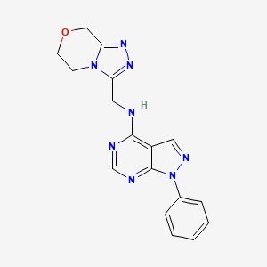 molecular formula C17H16N8O B7374473 N-(6,8-dihydro-5H-[1,2,4]triazolo[3,4-c][1,4]oxazin-3-ylmethyl)-1-phenylpyrazolo[3,4-d]pyrimidin-4-amine 