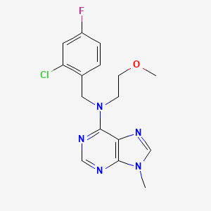 molecular formula C16H17ClFN5O B7376240 N-[(2-chloro-4-fluorophenyl)methyl]-N-(2-methoxyethyl)-9-methylpurin-6-amine 