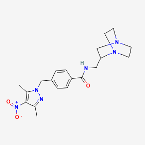 molecular formula C20H26N6O3 B7376916 N-(1,4-diazabicyclo[2.2.2]octan-2-ylmethyl)-4-[(3,5-dimethyl-4-nitropyrazol-1-yl)methyl]benzamide 