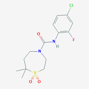 molecular formula C14H18ClFN2O3S B7377894 N-(4-chloro-2-fluorophenyl)-7,7-dimethyl-1,1-dioxo-1,4-thiazepane-4-carboxamide 