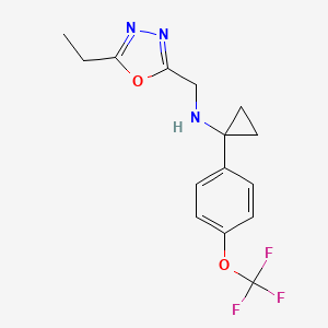 molecular formula C15H16F3N3O2 B7378496 N-[(5-ethyl-1,3,4-oxadiazol-2-yl)methyl]-1-[4-(trifluoromethoxy)phenyl]cyclopropan-1-amine 