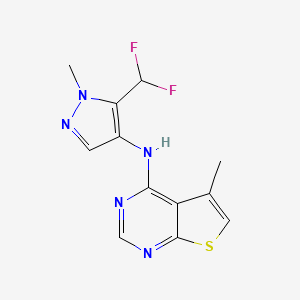 molecular formula C12H11F2N5S B7379553 N-[5-(difluoromethyl)-1-methylpyrazol-4-yl]-5-methylthieno[2,3-d]pyrimidin-4-amine 