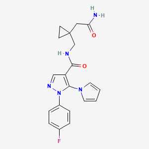 molecular formula C20H20FN5O2 B7380115 N-[[1-(2-amino-2-oxoethyl)cyclopropyl]methyl]-1-(4-fluorophenyl)-5-pyrrol-1-ylpyrazole-4-carboxamide 