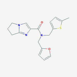 molecular formula C18H19N3O2S B7381343 N-(furan-2-ylmethyl)-N-[(5-methylthiophen-2-yl)methyl]-6,7-dihydro-5H-pyrrolo[1,2-a]imidazole-2-carboxamide 