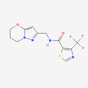 molecular formula C12H11F3N4O2S B7382692 N-(6,7-dihydro-5H-pyrazolo[5,1-b][1,3]oxazin-2-ylmethyl)-4-(trifluoromethyl)-1,3-thiazole-5-carboxamide 