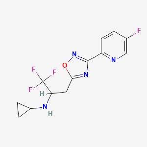 molecular formula C13H12F4N4O B7383385 N-[1,1,1-trifluoro-3-[3-(5-fluoropyridin-2-yl)-1,2,4-oxadiazol-5-yl]propan-2-yl]cyclopropanamine 