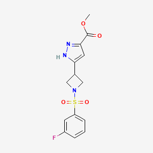 molecular formula C14H14FN3O4S B7383439 methyl 5-[1-(3-fluorophenyl)sulfonylazetidin-3-yl]-1H-pyrazole-3-carboxylate 