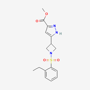 molecular formula C16H19N3O4S B7383447 methyl 5-[1-(2-ethylphenyl)sulfonylazetidin-3-yl]-1H-pyrazole-3-carboxylate 
