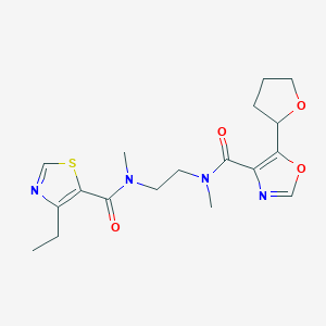 molecular formula C18H24N4O4S B7383657 N-[2-[(4-ethyl-1,3-thiazole-5-carbonyl)-methylamino]ethyl]-N-methyl-5-(oxolan-2-yl)-1,3-oxazole-4-carboxamide 