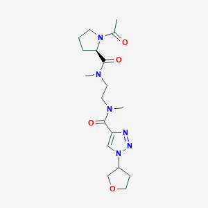 molecular formula C18H28N6O4 B7383673 N-[2-[[(2R)-1-acetylpyrrolidine-2-carbonyl]-methylamino]ethyl]-N-methyl-1-(oxolan-3-yl)triazole-4-carboxamide 