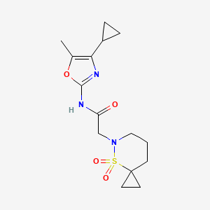 molecular formula C15H21N3O4S B7384958 N-(4-cyclopropyl-5-methyl-1,3-oxazol-2-yl)-2-(4,4-dioxo-4lambda6-thia-5-azaspiro[2.5]octan-5-yl)acetamide 