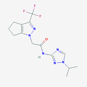 molecular formula C14H17F3N6O B7385655 N-(1-propan-2-yl-1,2,4-triazol-3-yl)-2-[3-(trifluoromethyl)-5,6-dihydro-4H-cyclopenta[c]pyrazol-1-yl]acetamide 