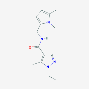 molecular formula C14H20N4O B7386111 N-[(1,5-dimethylpyrrol-2-yl)methyl]-1-ethyl-5-methylpyrazole-4-carboxamide 