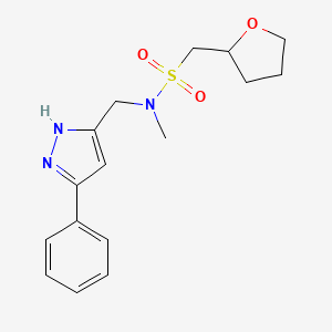 molecular formula C16H21N3O3S B7387149 N-methyl-1-(oxolan-2-yl)-N-[(3-phenyl-1H-pyrazol-5-yl)methyl]methanesulfonamide 