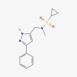 molecular formula C14H17N3O2S B7387153 N-methyl-N-[(3-phenyl-1H-pyrazol-5-yl)methyl]cyclopropanesulfonamide 
