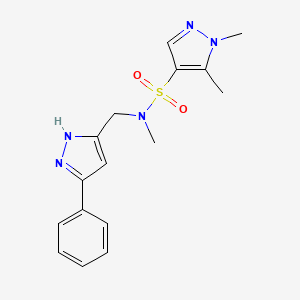 molecular formula C16H19N5O2S B7387155 N,1,5-trimethyl-N-[(3-phenyl-1H-pyrazol-5-yl)methyl]pyrazole-4-sulfonamide 