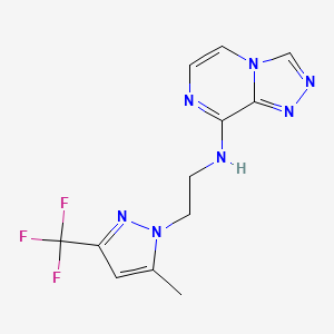 molecular formula C12H12F3N7 B7388325 N-[2-[5-methyl-3-(trifluoromethyl)pyrazol-1-yl]ethyl]-[1,2,4]triazolo[4,3-a]pyrazin-8-amine 