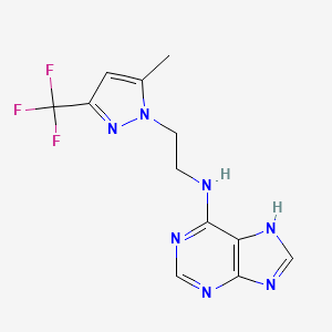 molecular formula C12H12F3N7 B7388351 N-[2-[5-methyl-3-(trifluoromethyl)pyrazol-1-yl]ethyl]-7H-purin-6-amine 