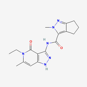 molecular formula C17H20N6O2 B7389636 N-(5-ethyl-6-methyl-4-oxo-1H-pyrazolo[4,3-c]pyridin-3-yl)-2-methyl-5,6-dihydro-4H-cyclopenta[c]pyrazole-3-carboxamide 