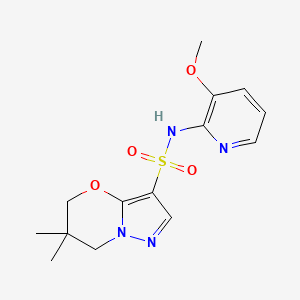 molecular formula C14H18N4O4S B7390490 N-(3-methoxypyridin-2-yl)-6,6-dimethyl-5,7-dihydropyrazolo[5,1-b][1,3]oxazine-3-sulfonamide 