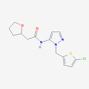 molecular formula C14H16ClN3O2S B7390949 N-[2-[(5-chlorothiophen-2-yl)methyl]pyrazol-3-yl]-2-(oxolan-2-yl)acetamide 