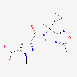 molecular formula C14H17F2N5O2 B7392157 N-[1-cyclopropyl-1-(5-methyl-1,2,4-oxadiazol-3-yl)ethyl]-5-(difluoromethyl)-1-methylpyrazole-3-carboxamide 