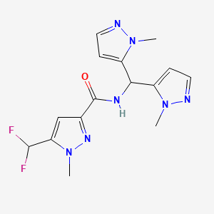 molecular formula C15H17F2N7O B7392417 N-[bis(2-methylpyrazol-3-yl)methyl]-5-(difluoromethyl)-1-methylpyrazole-3-carboxamide 