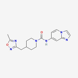 molecular formula C17H20N6O2 B7392659 N-imidazo[1,2-a]pyridin-7-yl-4-[(5-methyl-1,2,4-oxadiazol-3-yl)methyl]piperidine-1-carboxamide 