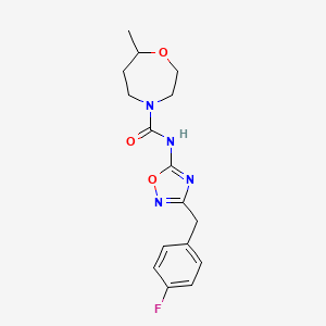 molecular formula C16H19FN4O3 B7393124 N-[3-[(4-fluorophenyl)methyl]-1,2,4-oxadiazol-5-yl]-7-methyl-1,4-oxazepane-4-carboxamide 